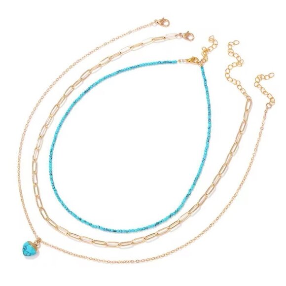 NWT Layered Heart Pendant Necklace Set 3PCs 14K Gold Plated Turquoise Boho - Picture 4 of 9